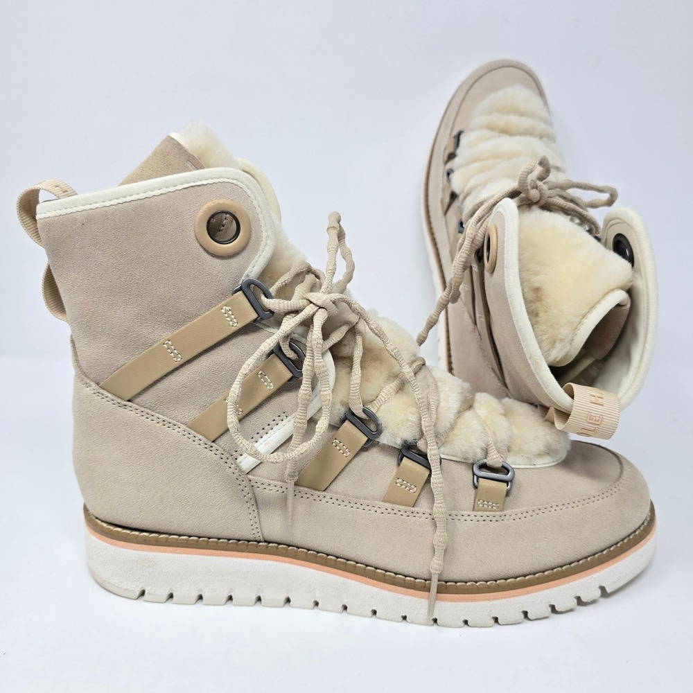 Cole Haan Zerogrand Luxe Hiker Boots Beige Suede Faux Fur W26519 Womens 9.5B